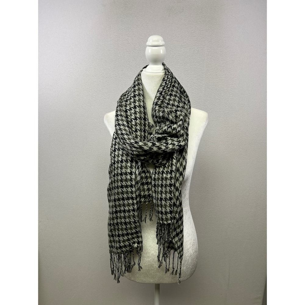 Dark Academia Unbranded Women OS Black Olive Houndstooth Fringe Oversized Scarf